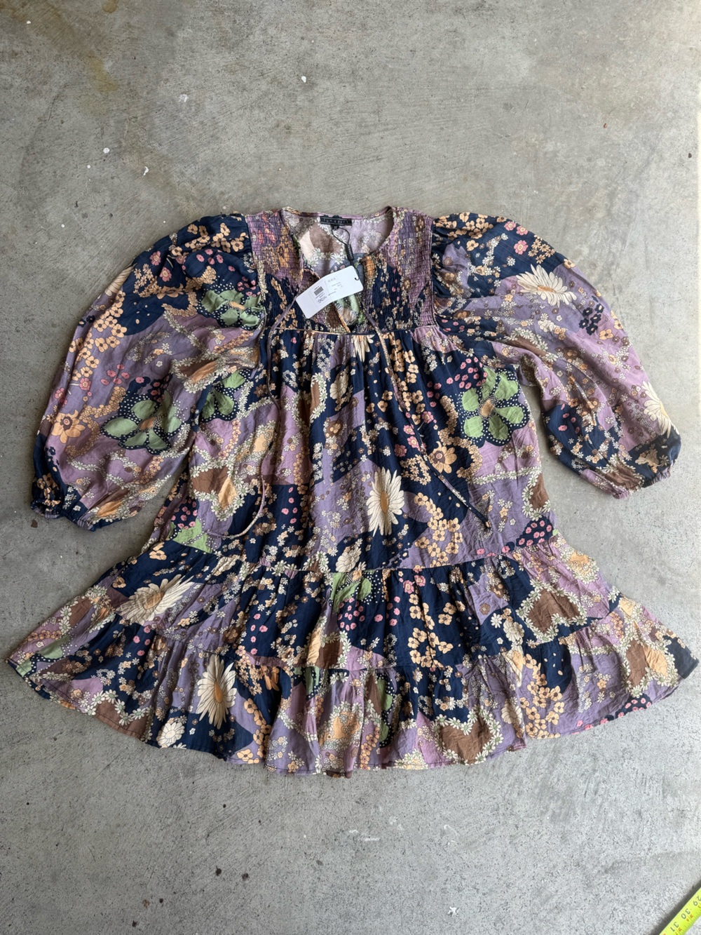 Retro 70s Print Navy & Lavender Floral Smocked Tiered Long-Sleeve Dress XL Boho - Picture 15 of 15